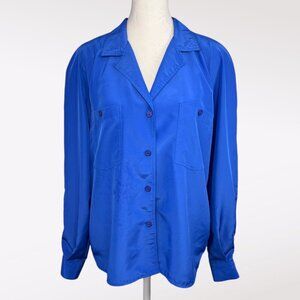 Vintage Laura & Jayne Royal Blue Satin Button Up Blouse 80s 90s Size 10